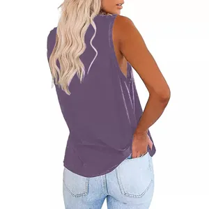 Loose casual women's purple V-neck tank top with pocket details, stylish back view