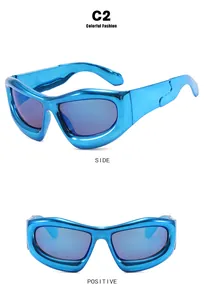 Detailed side and front views of metallic blue Y2K bubble style oversized sunglasses