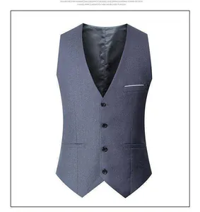 Close-up detail of a slim-fit grey single-breasted suit vest with V-neck design