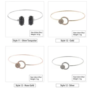 Collection of four elegant open-ended bracelets in gold, silver, and rose gold finishes.