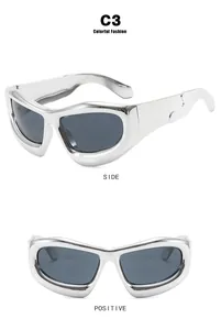 Detailed view of futuristic silver Y2K bubble sunglasses from side and front angles