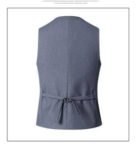 Back view of a slim fit grey men's waistcoat with adjustable waist buckle strap
