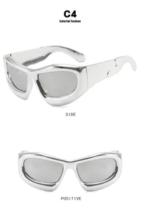 Detailed front and side views of silver Y2K oversized bubble sunglasses in hip-hop style