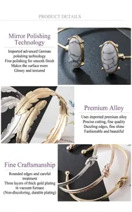 Details of alloy open bracelets featuring feather, leaf, and knotted designs.