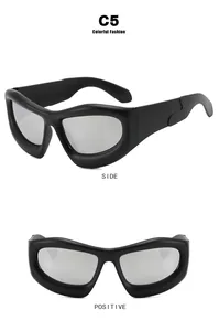 Detail view showing front and side profile of black Y2K bubble oversized sunglasses