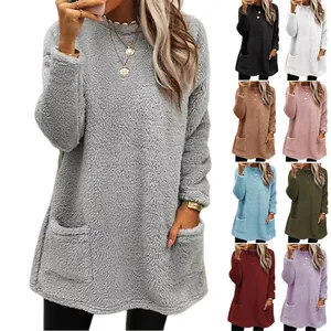Pullover sherpa peloso oversize da donna con tasche laterali