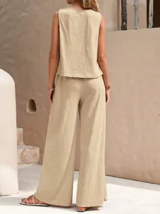 Back view of women's casual two-piece cotton set with sleeveless top and wide-leg pants.
