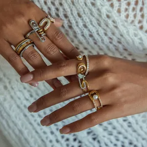 Luxury stainless steel safety pin rings with pearls and crystals jewelry for women