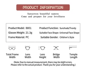 Detail chart showing dimensions of kids sunglasses for children aged 1 to 10 years old