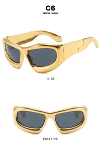 Detailed views of gold Y2K oversized bubble sunglasses from side and front angles.
