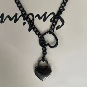 Punk style black Cuban chain Y-necklace with heart toggle and lock pendant