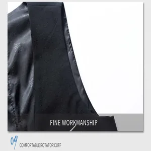 Close-up showing the fine workmanship and shoulder design of this slim fit black waistcoat