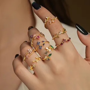 S925 Sterling Silver Forest Style Flower Open Ring For Women Adjustable Colorful Zirconia Floral Branch Leaf Ring Light Luxury Jewelry