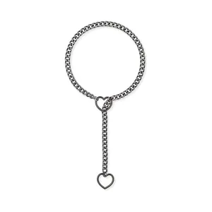 Punk style gunmetal Cuban Y-chain necklace featuring two heart-shaped rings for women