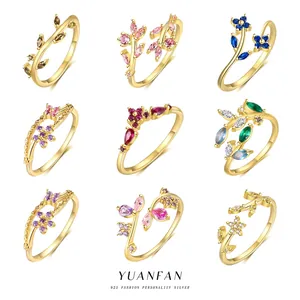 Set of 9 S925 sterling silver forest flower rings with colorful sparkling zircon stones