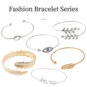 Women Fashion Alloy Adjustable Open Bangle Set Leaf Feather Evil Eye Hamsa Hand Rhinestone Inlaid Metal Cuff Bracelet