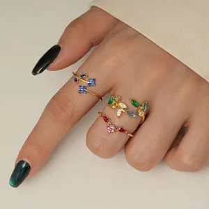 Elegant S925 sterling silver adjustable rings featuring colorful floral cubic zirconia stones