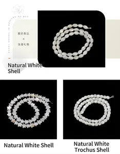 Detailed view of natural white shell beads in star, oval, and cylindrical shapes.