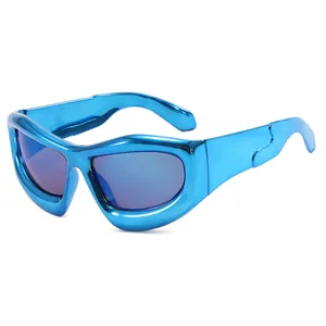 Futuristic blue metallic bubble oversized Y2K sunglasses for hip-hop style