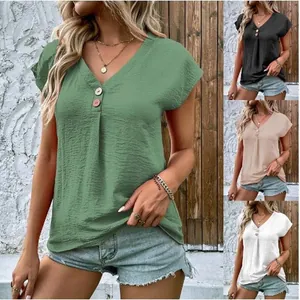 Camicia casual da donna a maniche corte con scollo a V in cotone lino verde tinta unita