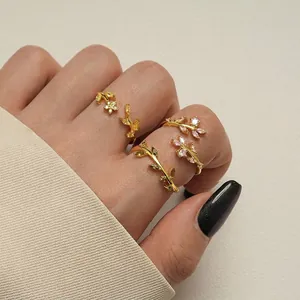 Elegant gold-plated S925 silver flower and leaf rings with sparkling colorful zircons