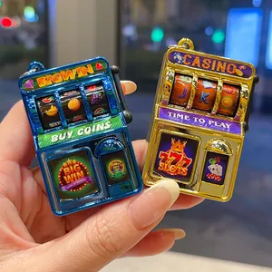 Detailed macro view of electroplated retro slot machine toy keychains for bags