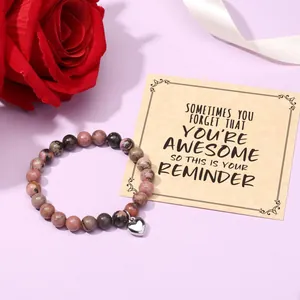 Pink zebra stone beaded bracelet with heart charm and motivational gift card
