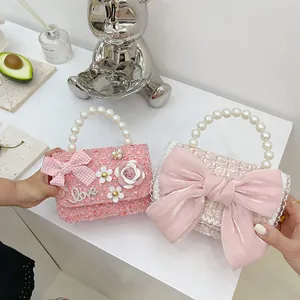 Sac Bandoulière en Tweed pour Filles Avec Grand Nœud en Satin et Poignée en Perles Mini Sac à Main Princesse pour Enfants Accessoires