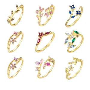 Elegant set of 9 floral S925 sterling silver rings featuring colorful sparkling zirconias