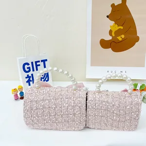Sac à main chic en tweed rose pour enfant avec poignée en perles et nœud décoratif
