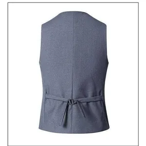 Professional back view of a slim fit gray men's waistcoat with adjustable buckle strap