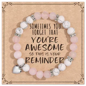 Rose quartz white turquoise beaded bracelet heart charm gift card reminder.
