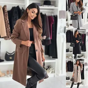 Elegante cappotto lungo da donna a tinta unita con revers e abbottonatura singola