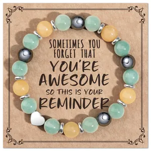 Healing natural stone beaded bracelet with heart charm and motivational gift card for women