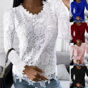 Elegante camicia in pizzo floreale a maniche lunghe da donna con scollo a V e cinque colori