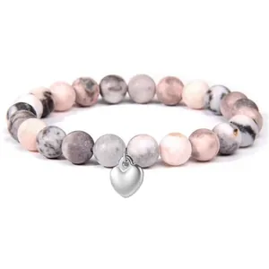 Natural pink zebra jasper stone beaded bracelet with polished silver heart charm