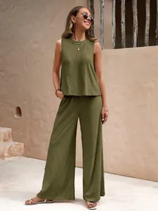 Women's olive green two-piece casual cotton set with sleeveless top and wide-leg pants
