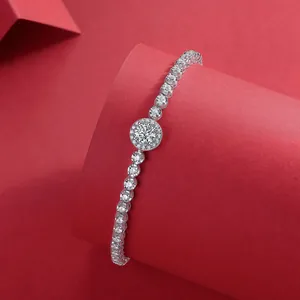 High-definition close-up of elegant sterling silver bracelet with sparkling moissanite stones