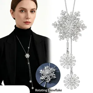 Titanium Steel Rotating Snowflake Long Necklace For Women Elegant Rhinestone Zirconia Pendant Korean Fashion Sweater Chain Jewelry