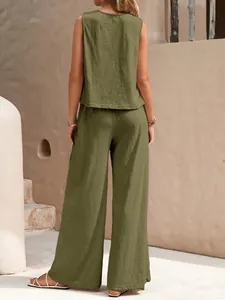 Back view of a casual olive green two-piece sleeveless top and wide-leg pants set