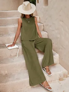 Casual women's olive green two-piece set featuring sleeveless top and wide-leg pants