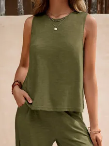 Close-up of olive green casual two-piece cotton set with round neck sleeveless top