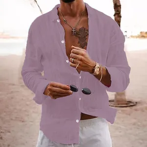 Camicia a maniche lunghe in cotone e lino malva da uomo con vestibilità ampia e revers