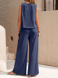 Back view of a blue sleeveless top and wide-leg pants casual two-piece cotton set.
