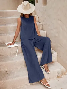 Stylish navy blue sleeveless top and wide-leg pants two-piece cotton set for women.