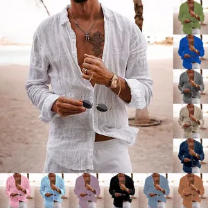 Camicia da Uomo in Misto Cotone e Lino Casual Manica Lunga Vestibilità Larga Monopetto Rever Tinta Unita Vacanze Mare Top Camicie