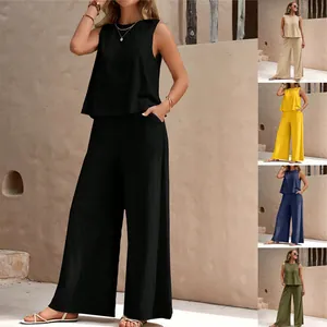Women Casual Cotton Blend Top And Bottom Solid Color Round Neck Sleeveless Pullover Top With Wide Leg Pants Casual Summer Outfits