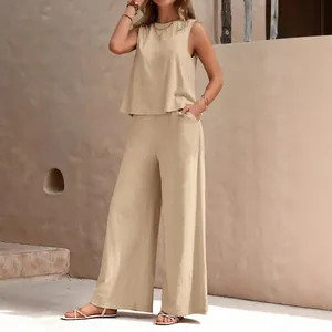 Chic women's two-piece summer cotton set with sleeveless round neck top and wide-leg pants.