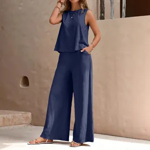 Summer navy blue sleeveless top and loose wide-leg pants two-piece cotton set for women