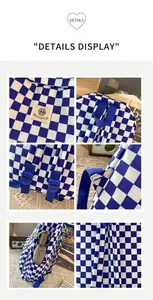 Detail shots of a blue and white checkered backpack showing stitching, fabric and label.